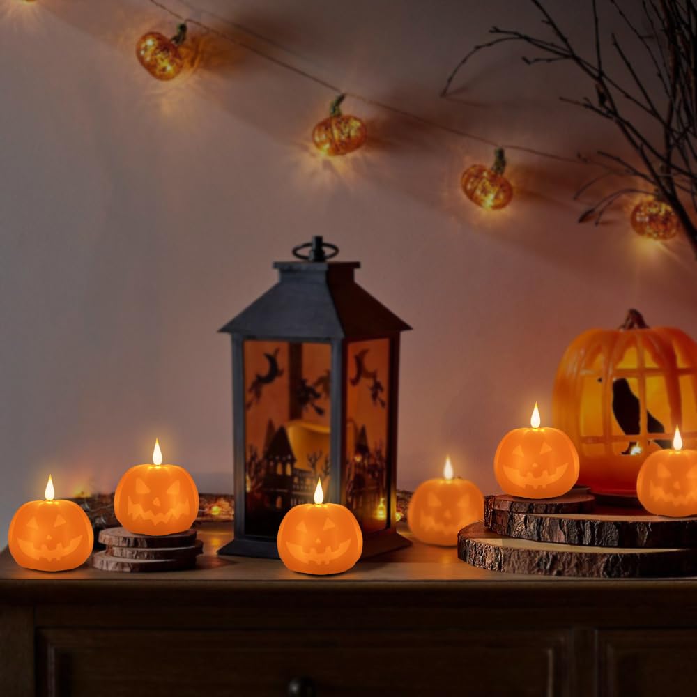 LEDHOLYT Rechargeable Halloween Decorations Flameless Candle, Flameless Pumpkin Candle with Timer & Remote,LED Real Wax Pumpkin LED Candles,Halloween Decorations, 1 Set of 2