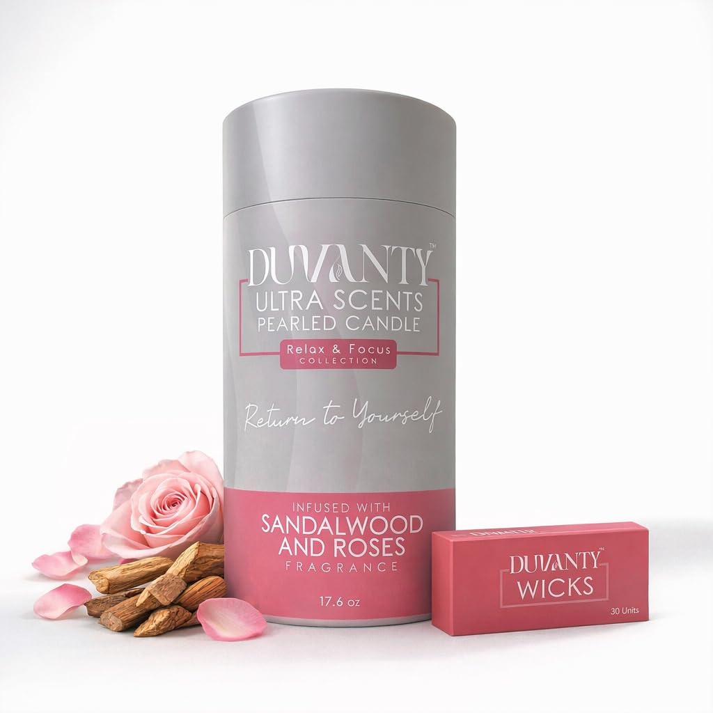 Duvanty Relax & Focus Pearled Candle Sand with Wicks – Sandalwood & Roses Scented Candle for Elegant Home Ambiance, Decorative Wax Beads & Cozy Evening Rituals, 17.6 oz