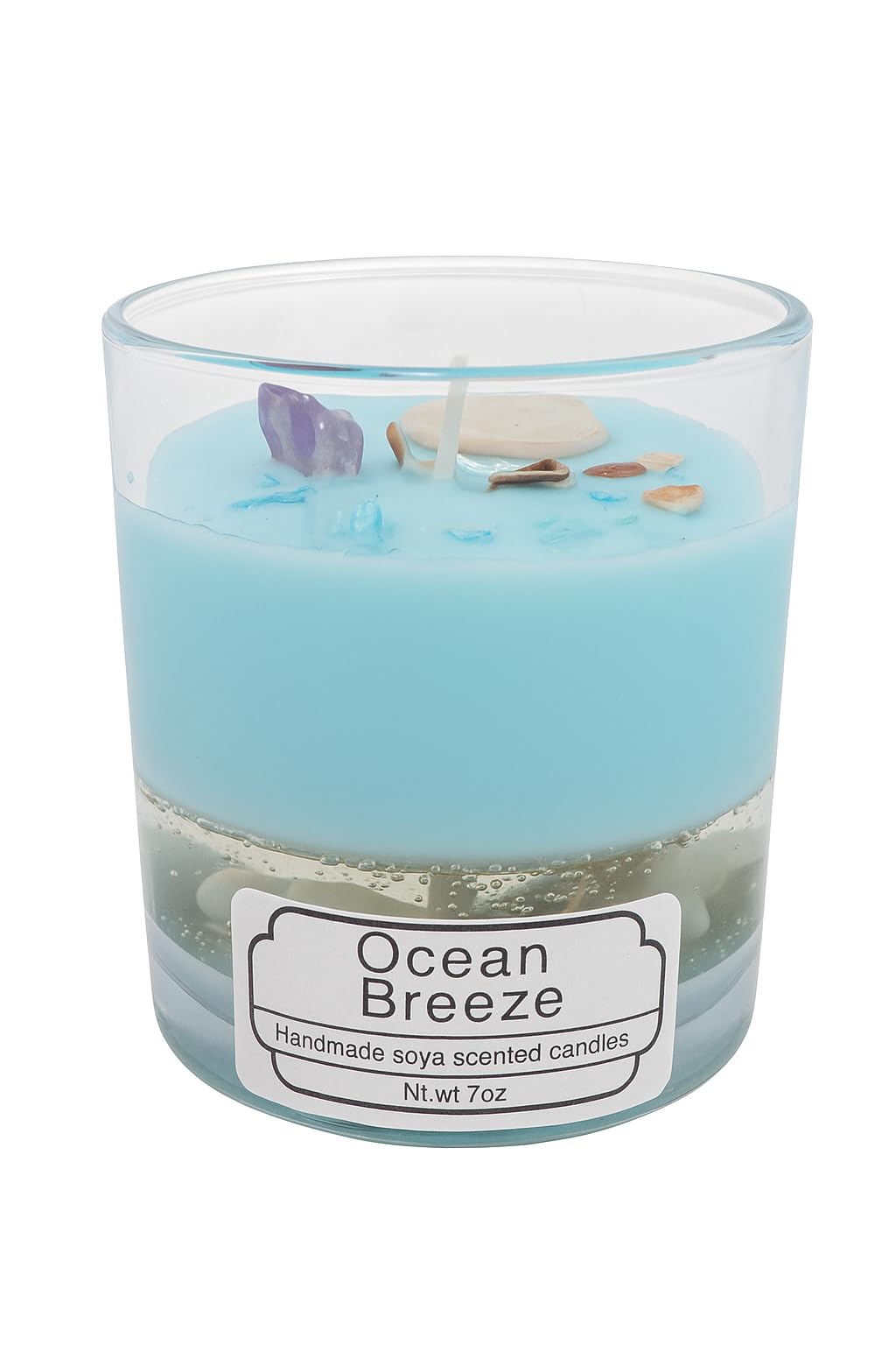 Desire to Spark Ocean Breeze Soy Candle, Handmade Glass Jar with Seashell and Crystal Decor, Blue, 7oz, Beach Theme Scented