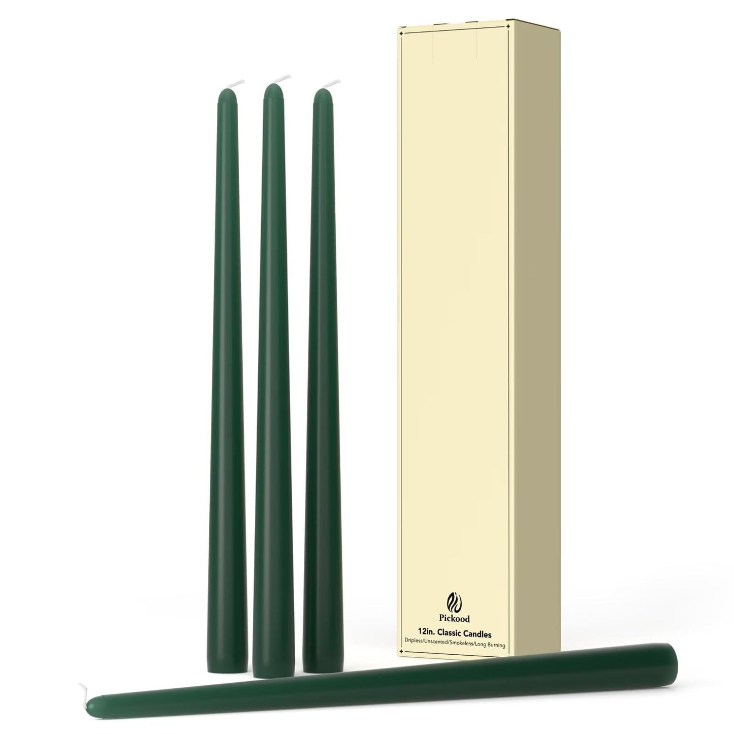 Pickood 12-Inch Tall Dripless Taper Candles Set of 4 - Dark Green Tapered Candles, Perfect for Christmas - Smokeless, Unscented, Long Burning - Hand Poured, Colored Tall Candlesticks - Hunter Green