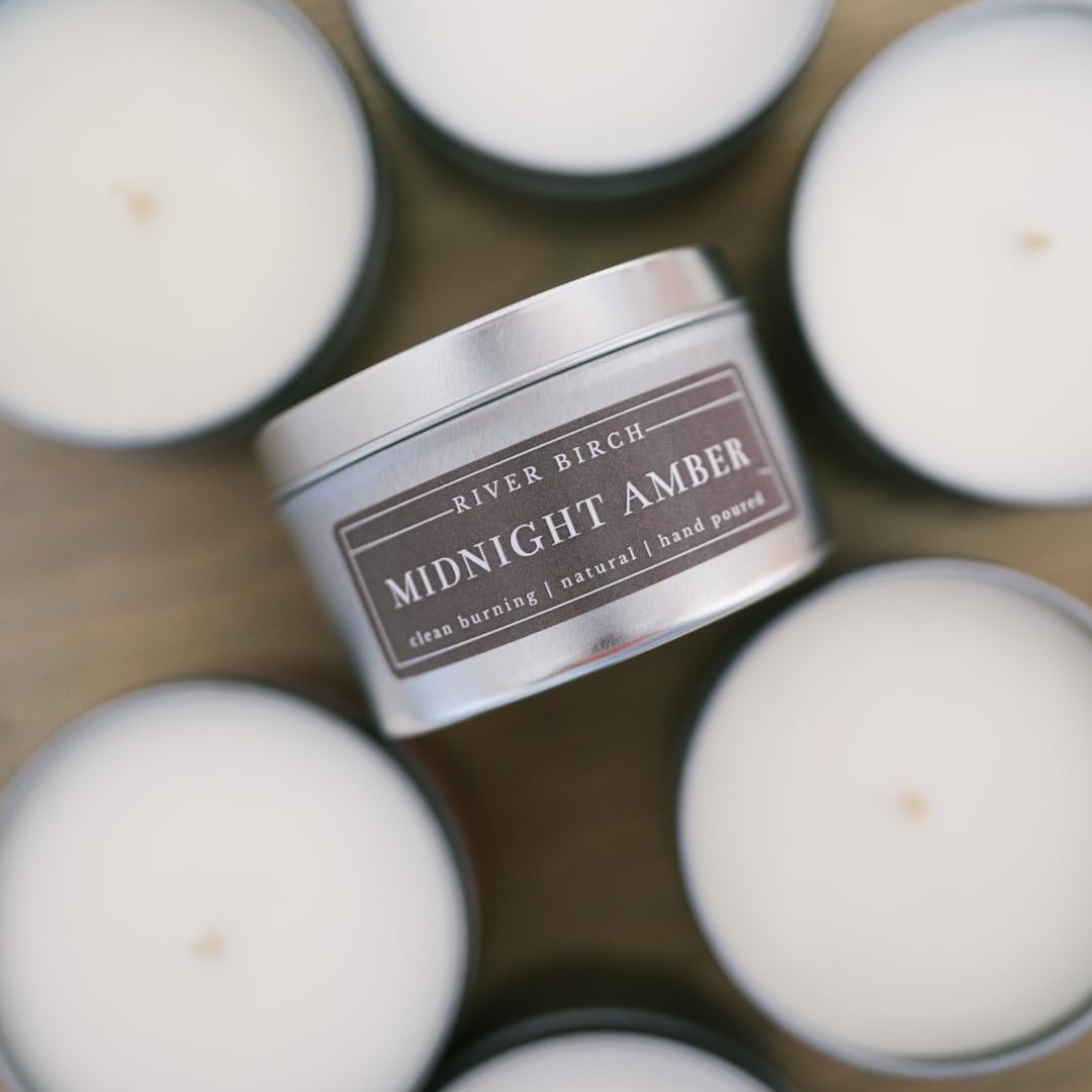 River Birch Candles Midnight Amber Scented Candle | Premium, All-Natural, Non-Toxic, Soy Wax | 8 oz. Silver Travel Tin | Cozy Relaxing Gifts for Home
