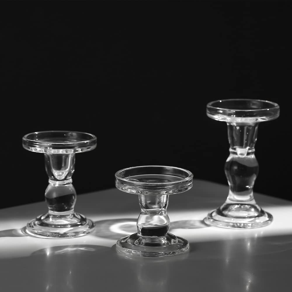 2Pcs Glass Candle Holders,Crystal Glass Candle Holder,Clear Pillar Taper Candlestick for Wedding, Party, Holiday Decoration (Medium)