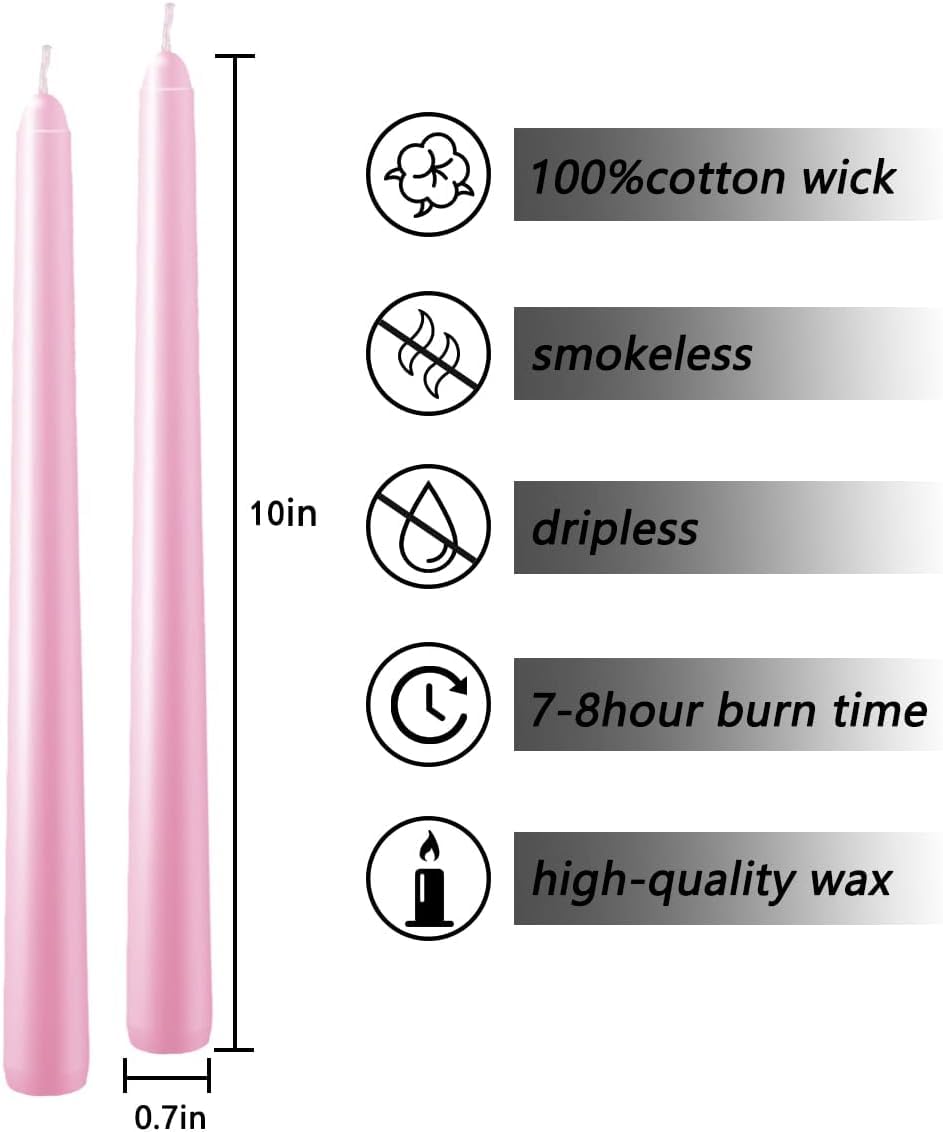 WPONSZU Set of 14 Pink Taper Candles, 7-8 Hours Burn Time, Unscented, Smokeless and Dripless, 4/5 x 10 Inch Dinner Candle Set for Valentine's Day,Household, Wedding, Party and Home Décor Candlesticks