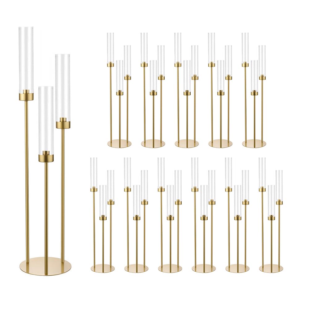 12 Set Gold 3-Arm Candelabra Centerpiece, 33.8 Inch Taper Candle Holder Metal Floor Candlestick Holders for Wedding, Home Party Decoration