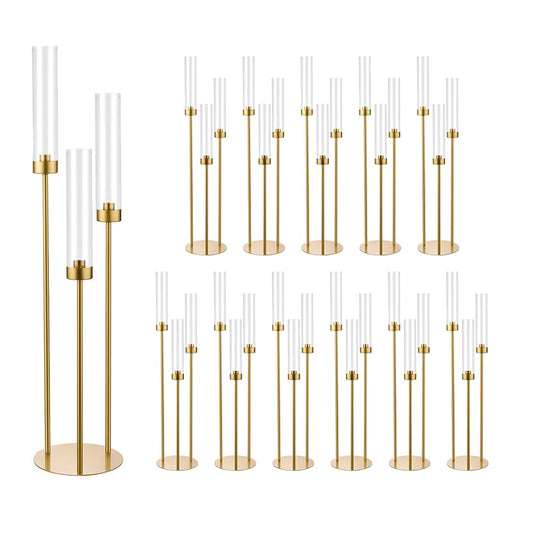 12 Set Gold 3-Arm Candelabra Centerpiece, 33.8 Inch Taper Candle Holder Metal Floor Candlestick Holders for Wedding, Home Party Decoration