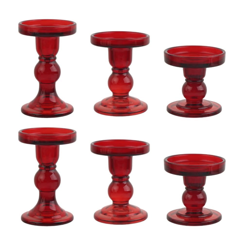 BTGLLAS 6-Piece Set of Red Glass Candlestick, Crystal Candlestick Holder Holder and Conical Candle, Christmas Candle Holder Decoration, Family Living Room Wedding Candle Holder (red2sets)