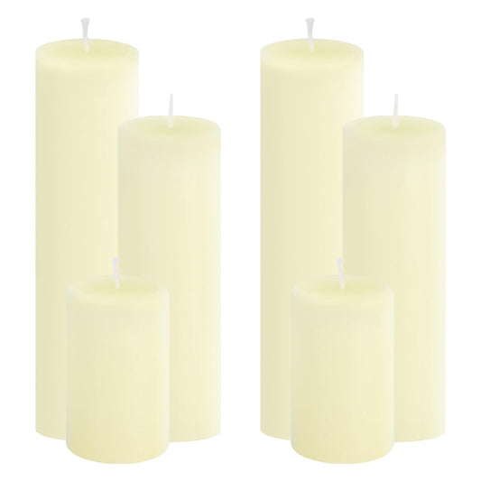 Trxvxo Ivory Pillar Candles, 6-Pack Bulk Set in 3 Sizes (3, 6 & 8 Inch - 2 Each). Dripless, Unscented & Smokeless Hurricane Candles for Weddings, Parties & Home Decor.