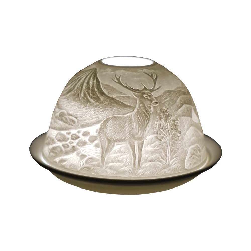Cello Porcelain Tealight Holder Dome - Highland Stag Design with 3D Projection Image & Message Scented Unscented LED Candle Wax Warmer Animal Nature Deer Gifts Ornament Home Birthday Easter Present