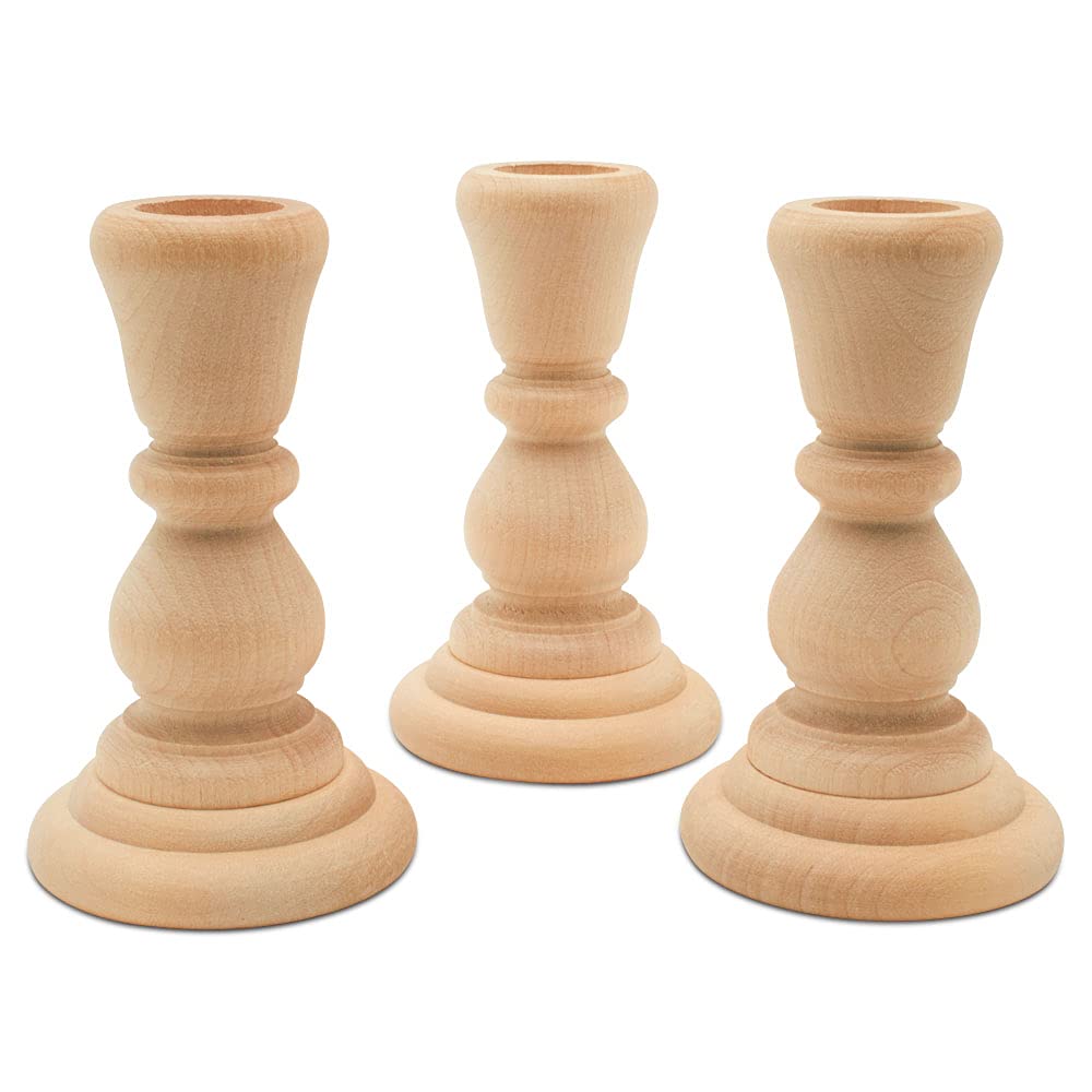 Mini Wood Candle Holders, 4 Inch Wooden Candlestick Holders with 7/8 Inch Hole, Set of 4 Unfinished Wooden Candle Holders, Farmhouse Rustic Candle Holder for Crafts, Decorating and Painting