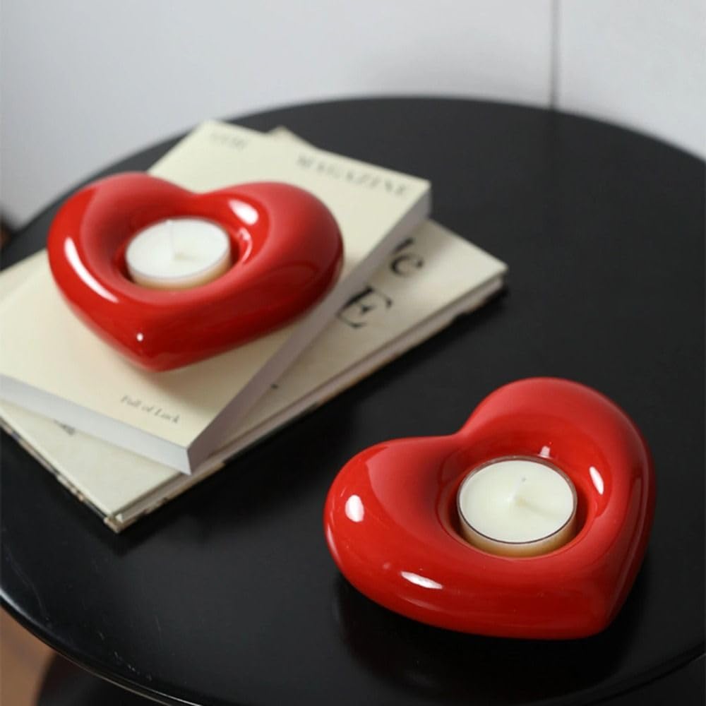 Leadigol Heart Candle Holder, Heart Shaped Ceramic Candlestick Holder, Aromatherapy for Valentines Day Anniversary Birthday Decor Gift(Bright Red)