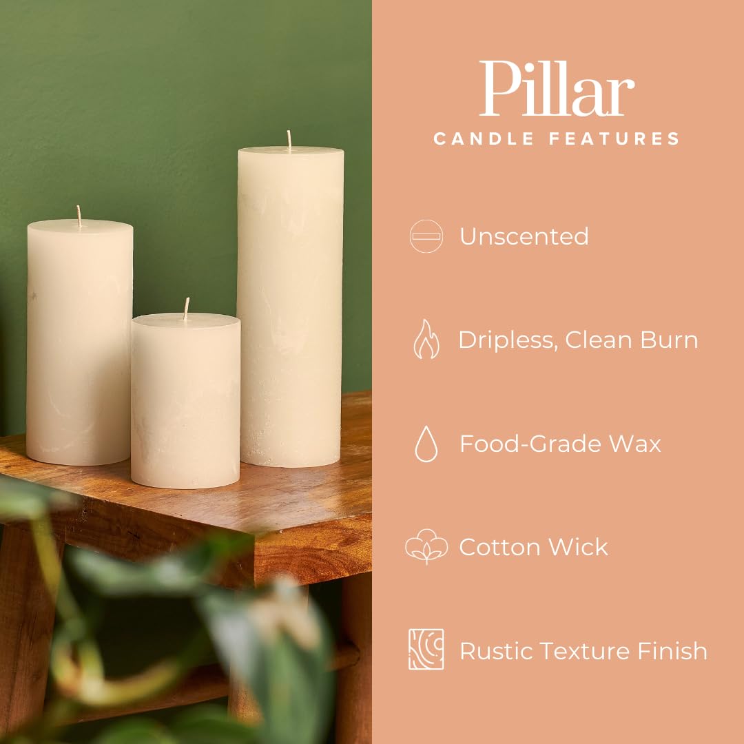Simply Soson 3x4, 3x6, 3x8 inch Ivory Pillar Candles, Set of 3 Pillar Candles, Rustic Texture, Unscented Ivory Candles, Dripless Candles, Ideal as Wedding, Parties, Spa, Dinner, Home Decor, Church