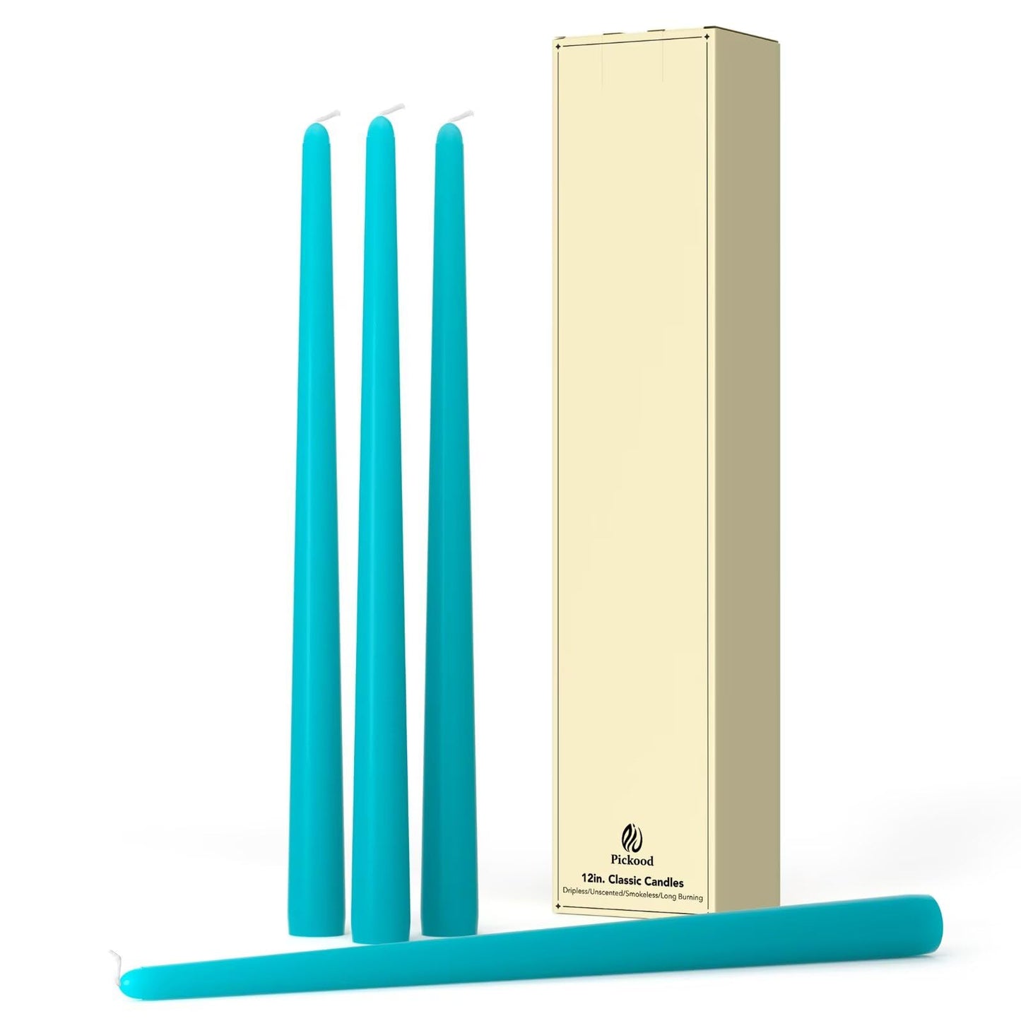Pickood 12-Inch Tall Dripless Taper Candles Set of 4 - Turquoise Tapered Candles, Perfect for Spring - Smokeless, Unscented, Long Burning - Hand Poured, Colored Tall Candlesticks - Teal