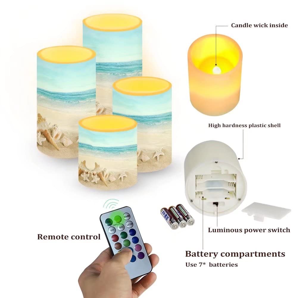 NETILGEN Flickering Flameless LED Pillar Candles with 18-Key Remote Battery Operated Color Changing Tea Lights Fake Candles, Set of 4, Beach Starfish Blue