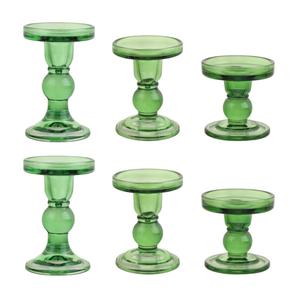 BTGLLAS 6-Piece Set of Green Glass Candlestick, Crystal Candlestick Holder Holder and Conical Candle, Christmas Candle Holder Decoration, Family Living Room Wedding Candle Holder (green2sets)