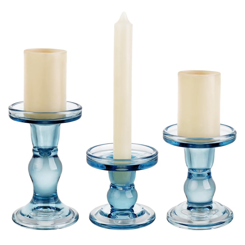 BTGLLAS 3-Piece Set of Blue Glass Candlestick, Crystal Candlestick Holder Holder and Conical Candle, Christmas Candle Holder Decoration, Family Living Room Wedding Candle Holder (Blue)