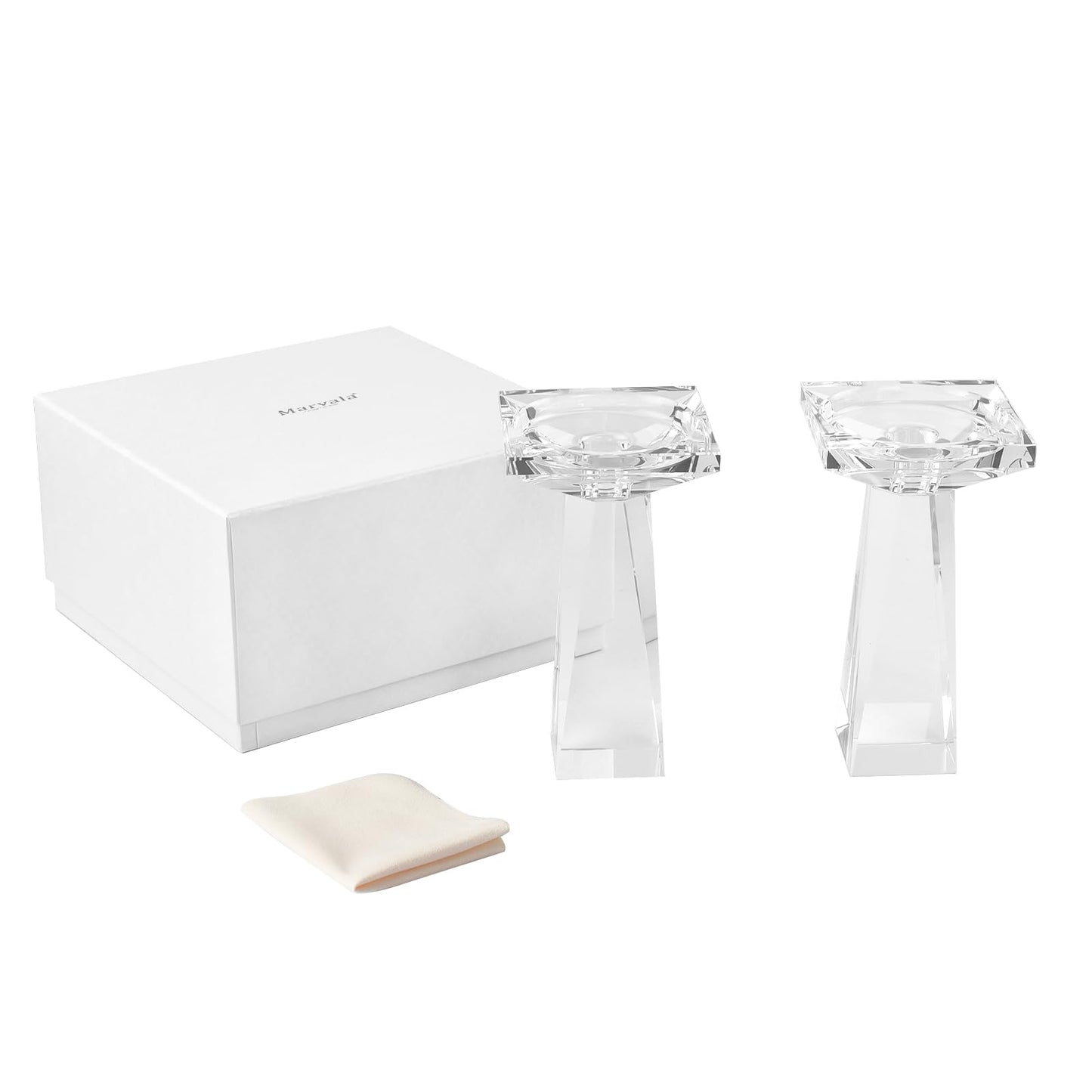Marvala Crystal Taper/Pillar Candle Holders Set of 2, Heavy Solid Hand Cut Candle Stands Set, 6.3 Inches Height, Table Centerpiece Home Decor for Wedding, Dining, Party, Clear