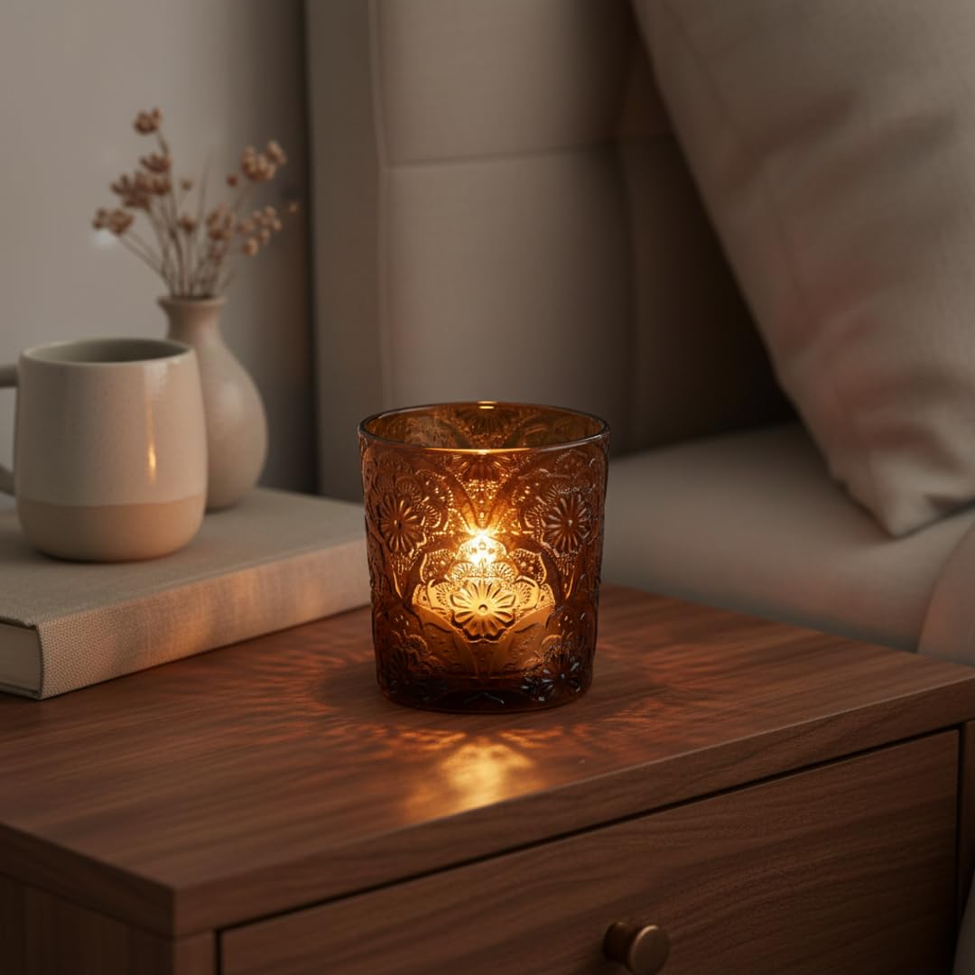 6 Pack Mandala Embossed Glass Candle Holders – Votive Tealight Holders with Patent Design, Decorative Embossed Glass Cups for Wedding Centerpieces, Parties, and Home Décor (Chestnut Brown)