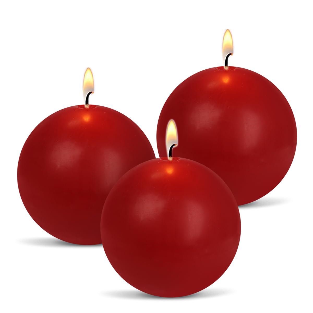 Ball Pillar Candles Set of 3 Red 3Inch Unscented Handpoured Weddings, Home Decoration, 75 Hour