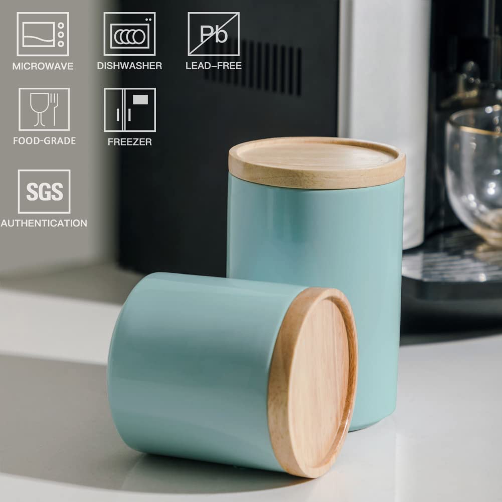 Sweejar Kitchen Canisters Ceramic Food Storage Jar, Stackable Containers with Airtight Seal Wooden Lid for Serving Ground Coffee, Tea, Sugar, Salt and More - 28 Fl Oz (Dark Turquoise)