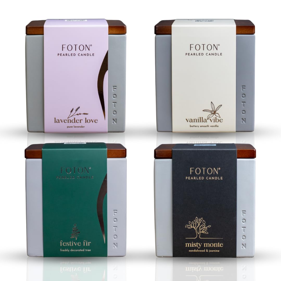 Foton Pearled Candle Le Cube Bundle (4x16oz) – Festive Fir, Misty Monte, Lavender Love & Vanilla Vibe. Refillable, Non-Toxic Pearled Wax Candles with 15 Wicks Each for eco-Luxury Home décor