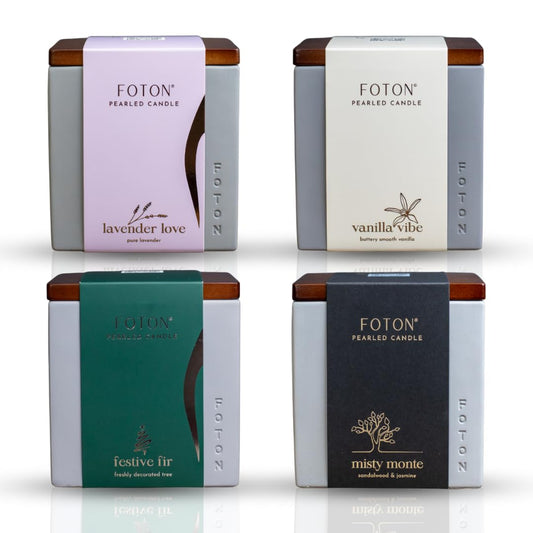 Foton Pearled Candle Le Cube Bundle (4x16oz) – Festive Fir, Misty Monte, Lavender Love & Vanilla Vibe. Refillable, Non-Toxic Pearled Wax Candles with 15 Wicks Each for eco-Luxury Home décor
