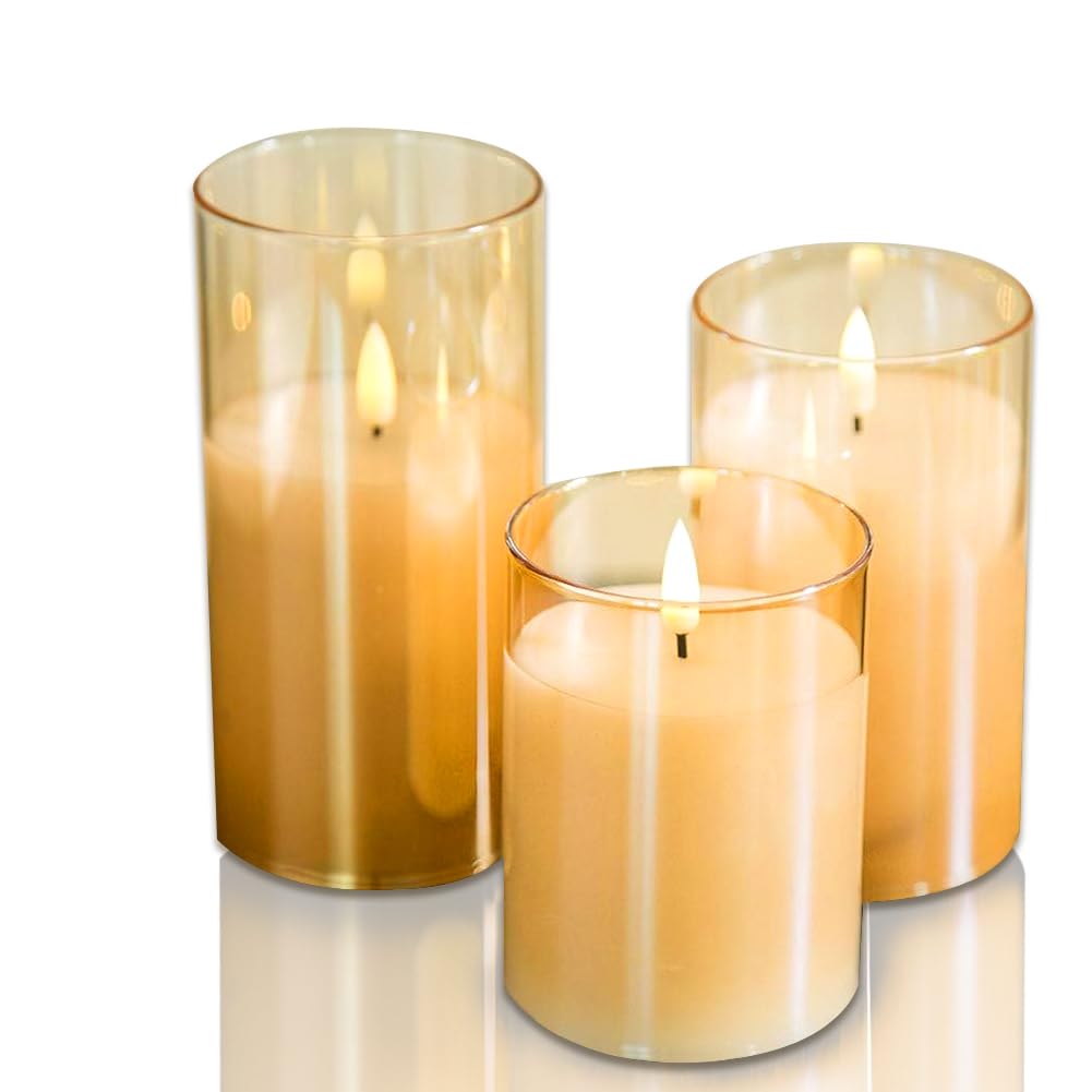 CANDLE CHOICE Real Wax Battery Operated Flameless Pillar Candles with Auto Timer Gold Glass Shell Realistic Black Wick Flickering Electric LED Lights for Wedding Halloween Christmas Decorations 3 Pack
