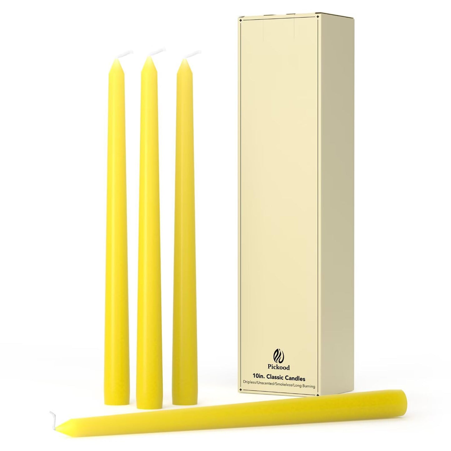 Pickood 10-Inch Tall Dripless Taper Candles Set of 4 - Yellow Tapered Candles, Perfect for Spring - Smokeless, Unscented, Long Burning - Hand Poured, Colored Tall Candlesticks - Light Yellow