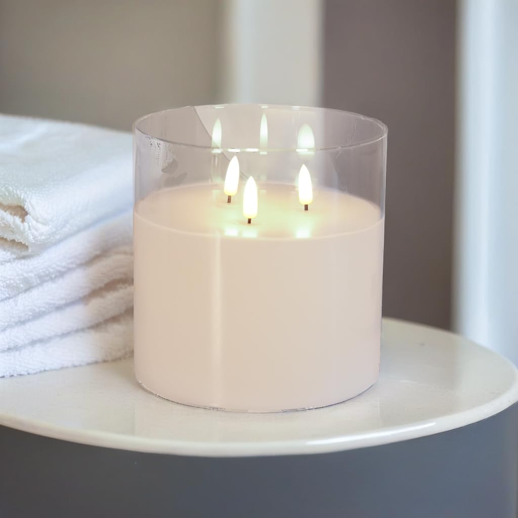 NICEME Extra Large 3 Wick Battery Operated Candle, 6"x6" Big Clear Glass Flameless Candles with Remote, Real Wax Flickering Led Pillar Fake Giant Candle for Wedding Party Holiday Home Decor, White