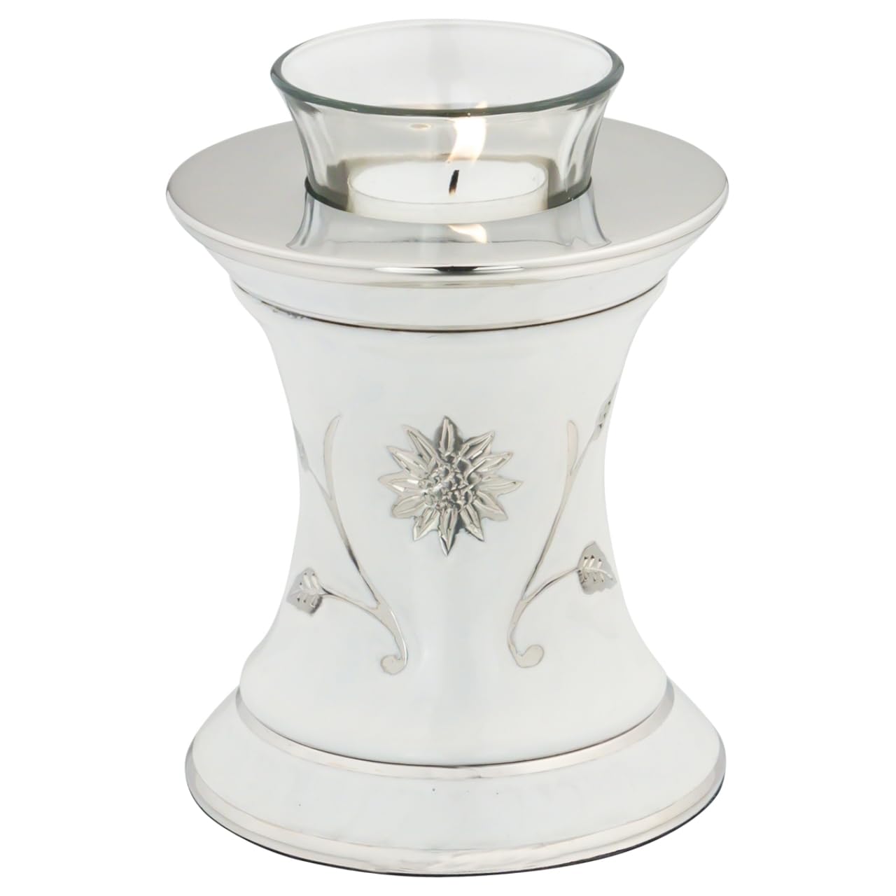 Grace White Tealight Cremation Urn for Ashes, Brass Memorial Candle, White and Silver, Extra Small Sized Cremation Urn, 5.5 Inches High