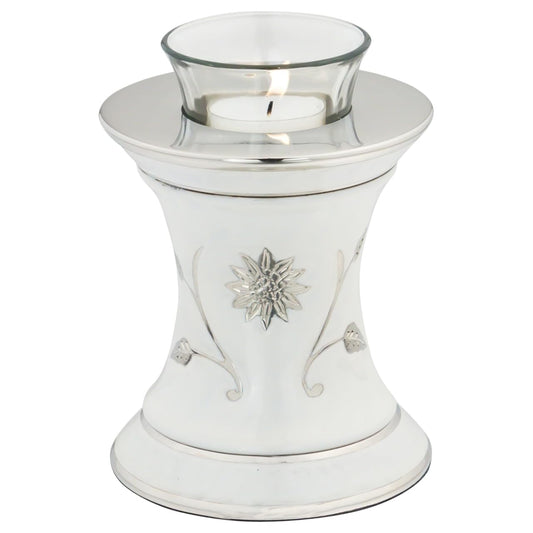 Grace White Tealight Cremation Urn for Ashes, Brass Memorial Candle, White and Silver, Extra Small Sized Cremation Urn, 5.5 Inches High