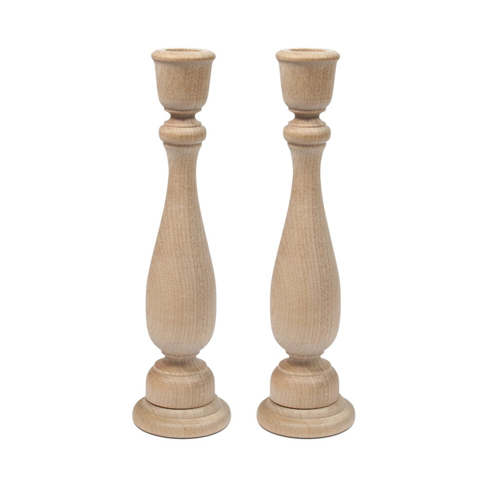 Unfinished Maple Wood Candle Sticks - 9 Inch Tall Wooden Taper Candle Holders & Decorative Display Pedestals for DIY Centerpieces, Table Decor & Risers - 2 Pack