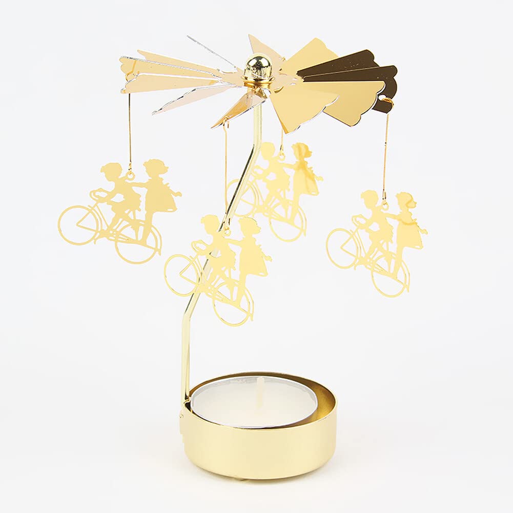 Eforcase Rotary Candle Holder, Gold Bicycle Boy Girl Tea Lights Candle Holder, Spinning Romantic Candlestick Ornament for Wedding Party Christmas Home Decoration