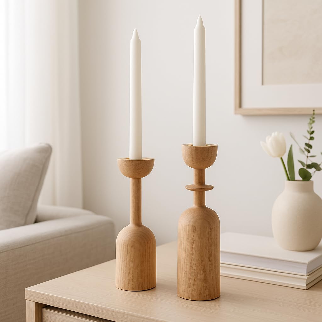 Wooden Taper Candle Holder Set of 2 - Modern Minimalist Natural Wood Candlestick Holders Fits 7/8” Taper Candles - Scandinavian Japandi Boho Farmhouse Décor for Dining Table Mantel Living Room