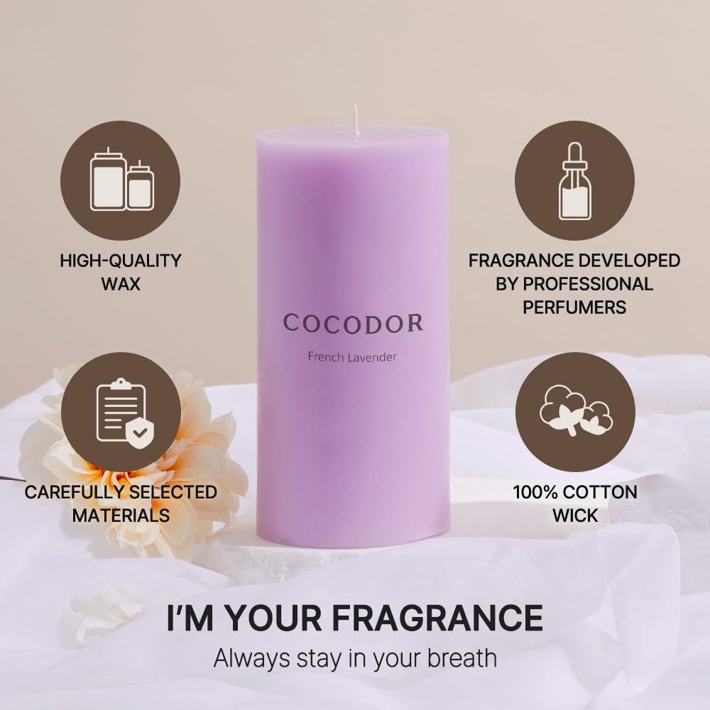 COCODOR Scented Pillar Candles, 3x6 Inch, French Lavender, Candle Set of 3, Long Buring 85 Hours, Candles for Weddings, Party, Dinner, Home Decor.