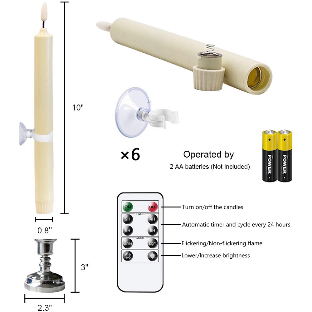 Wondise Window Candles Battery Operated with Remote and Timer, 3D Wick Ivory Taper Candles with Silver Holders and Suction Cups for Christmas Decoration, Set of 6(D0.8 x H10 inch)