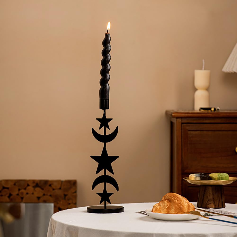 Iron Taper Candle Holder Matte Black Tall Star Moon Candlestick Holders Decorative Candle Stand Candlestick Holder for Wedding, Dining Table, Party Home Decoration (B)