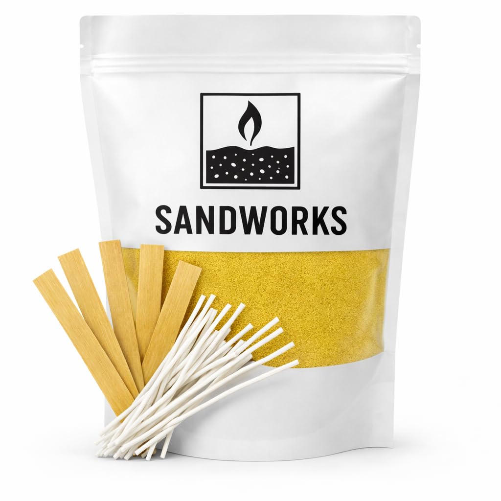 SANDWORKS Sand Wax Candle Making Kit – 5 Wooden Wicks & 15 Cotton Wicks, 500 g Premium Fragrance-Free Sand Wax (Sunstone Sand (Yellow)
