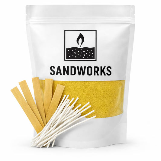 SANDWORKS Sand Wax Candle Making Kit – 5 Wooden Wicks & 15 Cotton Wicks, 500 g Premium Fragrance-Free Sand Wax (Sunstone Sand (Yellow)