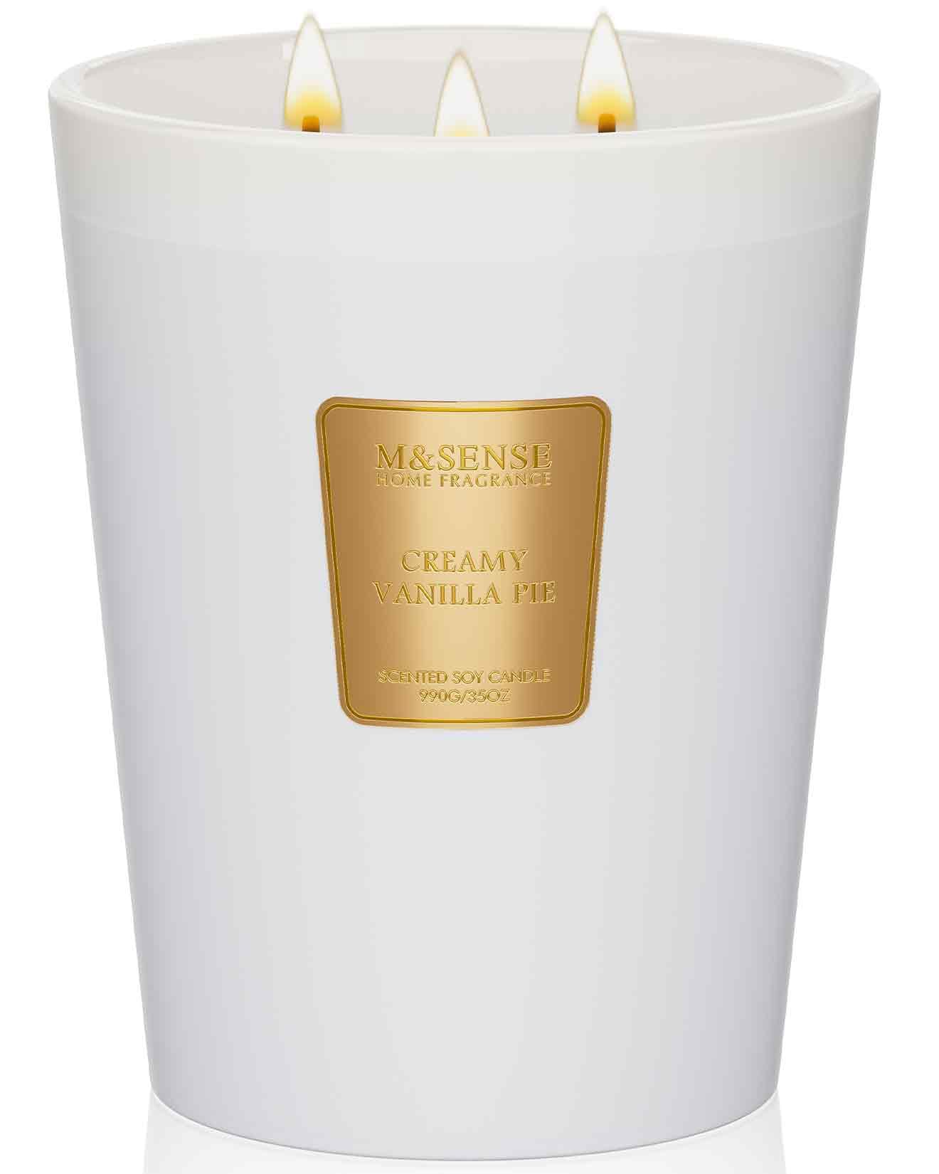M&SENSE Creamy Vanilla Pie Soy Candle, 35oz 3-Wick 150H, Sweet Large Aromatherapy Candle, Birthday Housewarming Gift