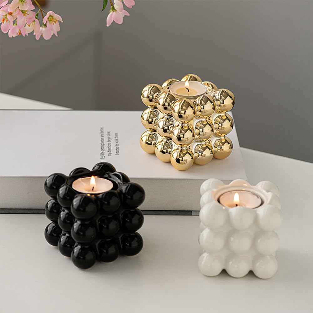 Ceramic Cube Golden Candle Holder Handheld Candlestick Holders Decorative Candle Stand Middle East Arabian Festival Candlestick Dining Table Party Home Decoration Ornament (Gold)