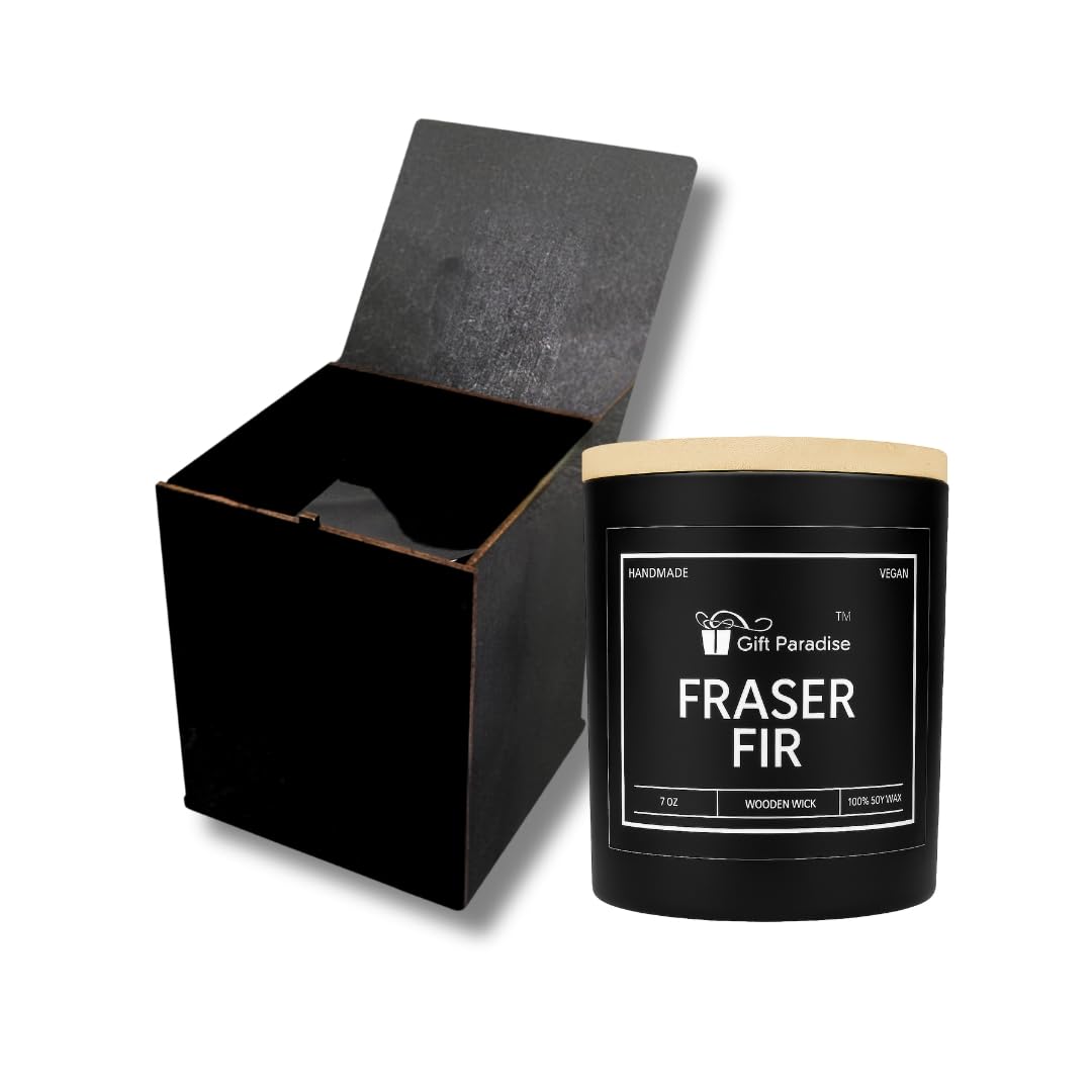 Gift Paradise® Fraser Fir Scented Candle – 7 oz Soy Wax with Crackling Wooden Wick & Wooden Gift Box | Fresh Pine & Evergreen Aromatherapy Candle for Self-Care, Home Refresh & Valentine’s Day Gifting