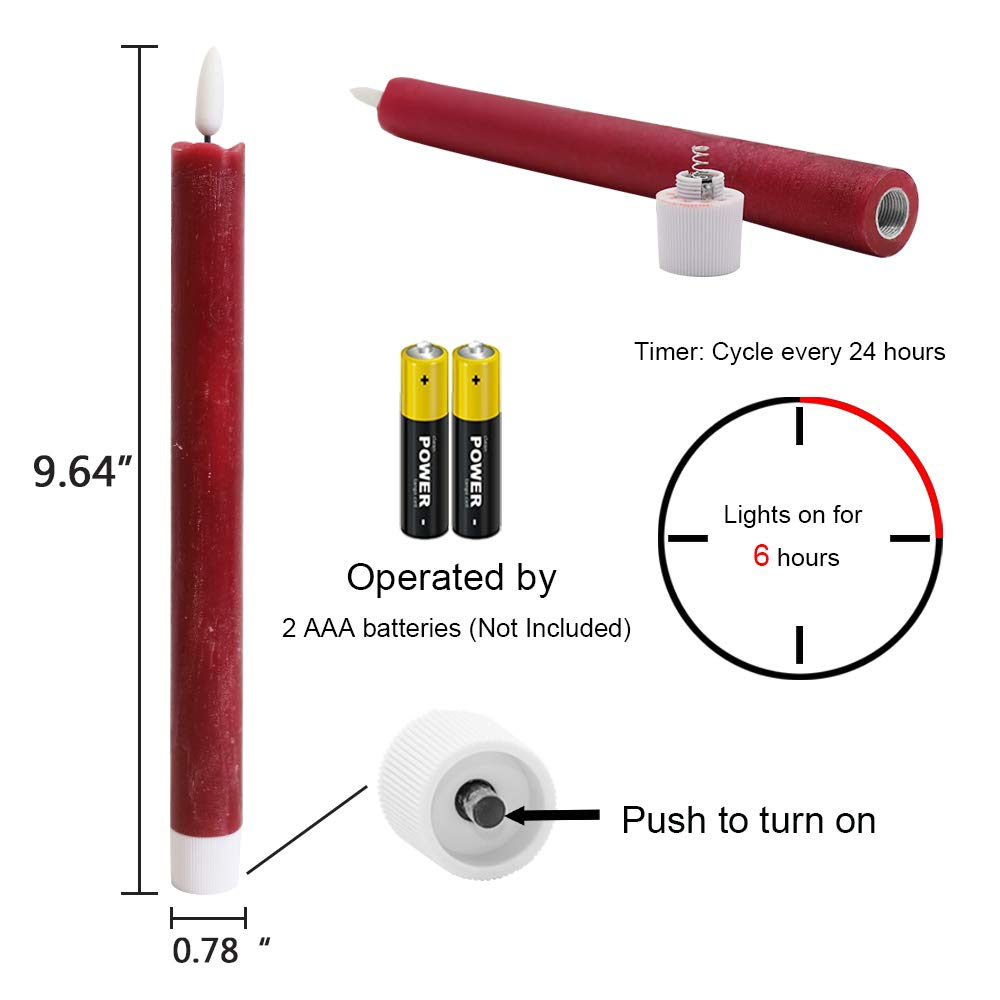 Wondise Flameless Taper Candles with Timer, 2 Pack Battery Operated Flameless Flickering Candles Real Wax Burgundy LED Candle for Christmas Wedding Dinner Decorations