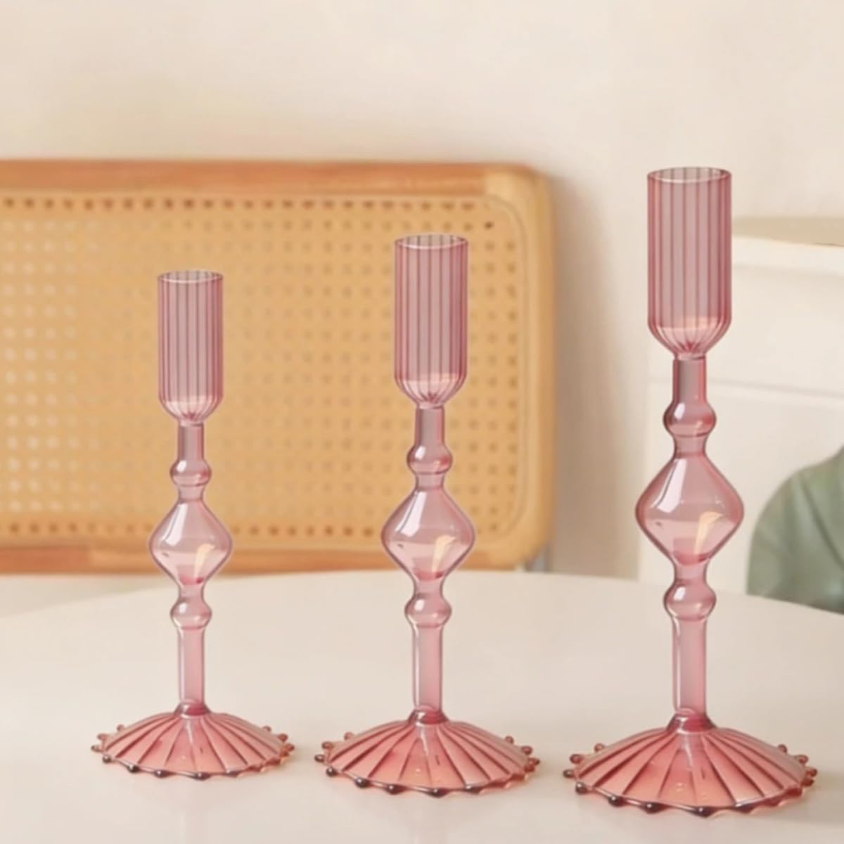 Mineaud 3Pcs Glass Candlestick Holders Glass Taper Candle Holders Groovy Wavy Elegant Candle Stick for Home Party Decoration,Styled-Pink