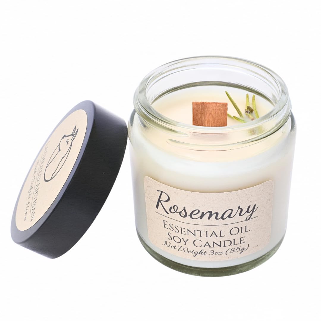 Rosemary Scented Essential Oil Candle 3 oz, Hand Crafted Pure Soy Wax Candle with Wooden Wick and Dried Flowers, 23 Hour Burn Time, Natural Aromatherapy Glass Jar Candle with Lid by Lathered Artisan