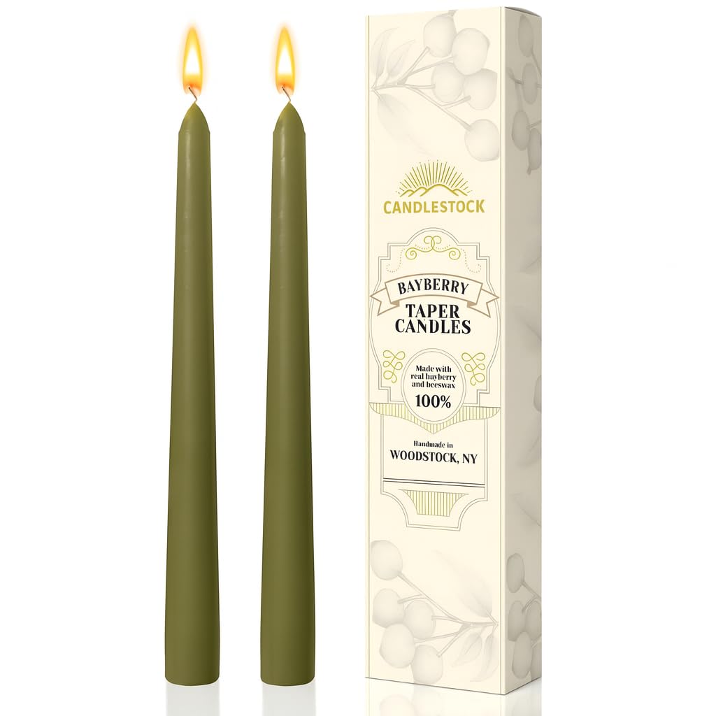 Candlestock Real Bayberry Taper Candle Pair 8 inch - Pure Bayberry and Pure 100% USA Beeswax Blend - Dripless Taper Candle Pair