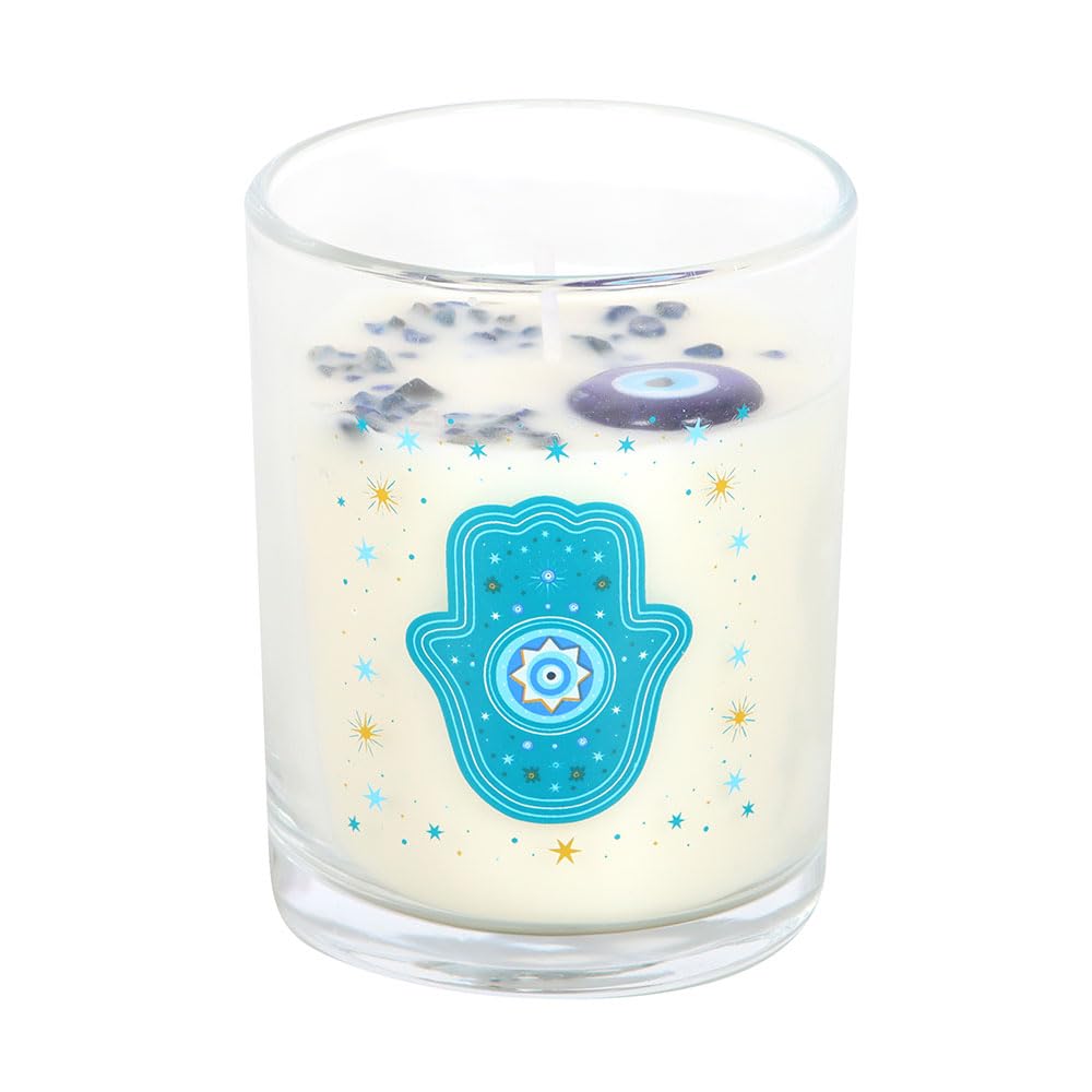 Hamsa White Rose Crystal Candle | 48 Hour Burn | Protective Spiritual Decor | Mystical Gift | Star Accent Glass Jar