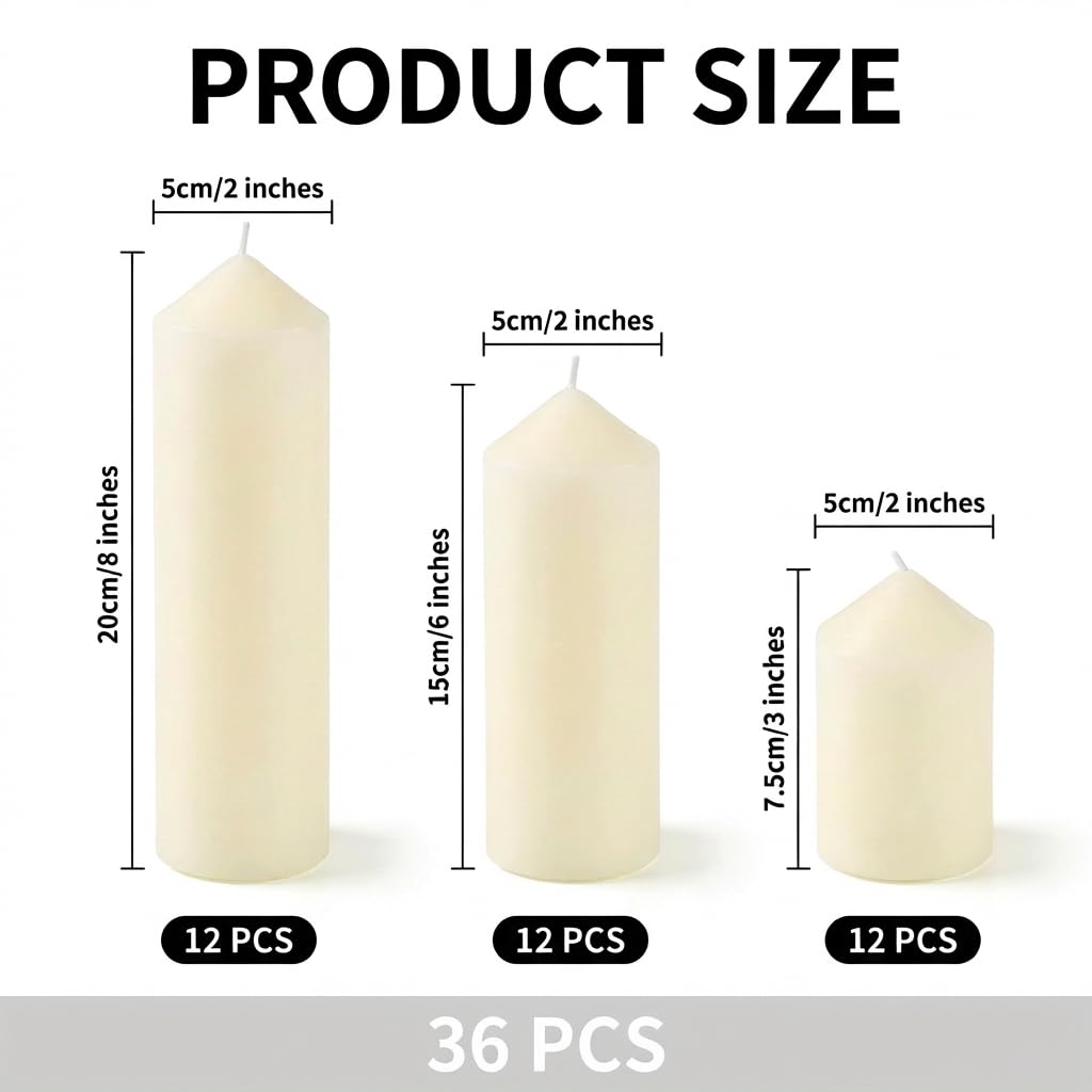 36 Pcs Individually Wrapped Pillar Candles Bulk, 2x3 2x6 2x8 Inch, Unscented Dripless Smokeless, Hurricane Candles for Wedding Party, Spa, Home Decor (36 Ivory Pointed-tip, 2 x 3/6/8 Inch)