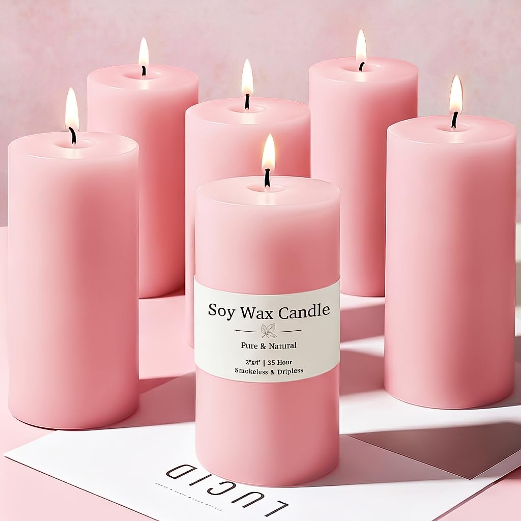 6 Pack Pink Soy Pillar Candles for Women Gift, Handmade Baby Shower Candles Unscented Pillar Candle, 210 Hours Natural Soybean Candle for Wedding, Home, Party, Smokeless & Dripless-2x4in