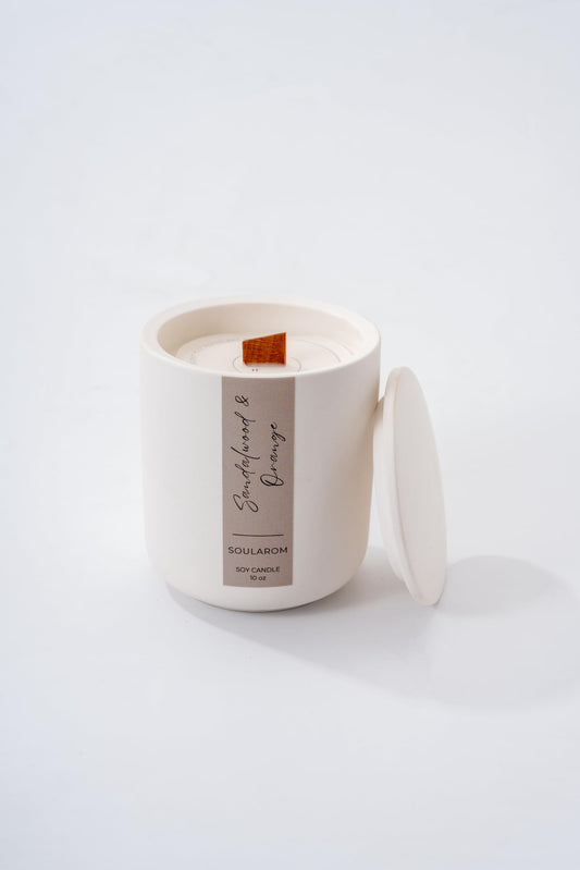 Soularom Candles for Home Scented – 10oz Hand Poured Aromatherapy Sandalwood and Orange Candle Soy Wax Candles in Elegant Ceramic Jar – Crackling Wooden Wick Decorative Candle with 60 Hours Burn Time