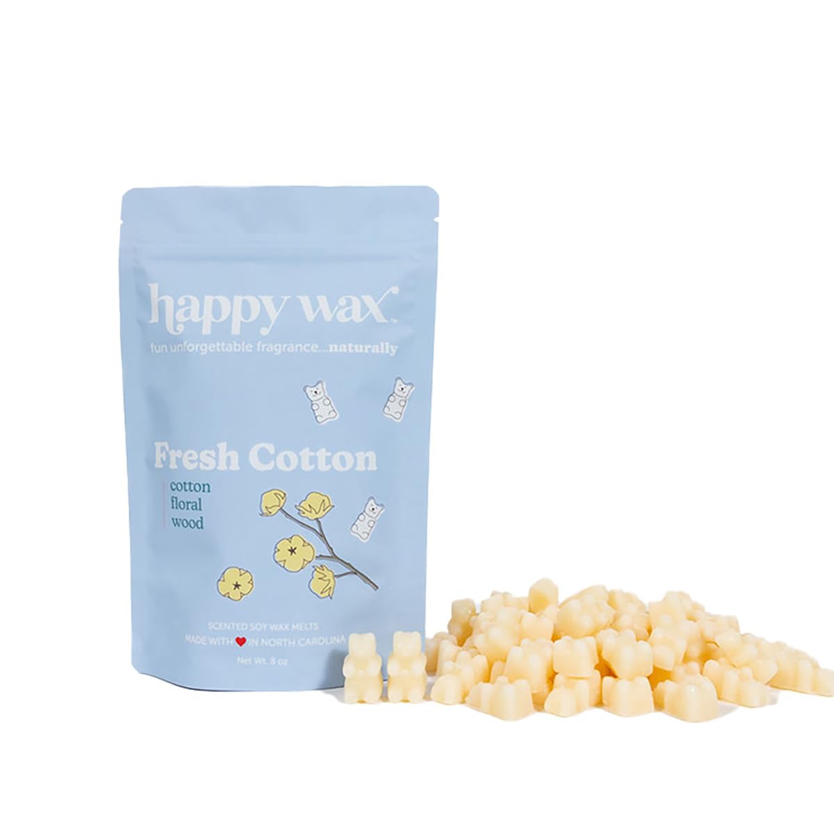 Happy Wax Fresh Cotton Scented Bear Wax Melts - Natural Strong Scented Fresh Infused w/Essential Oils - Non Toxic & Pet Safe - (8 oz Pouch)